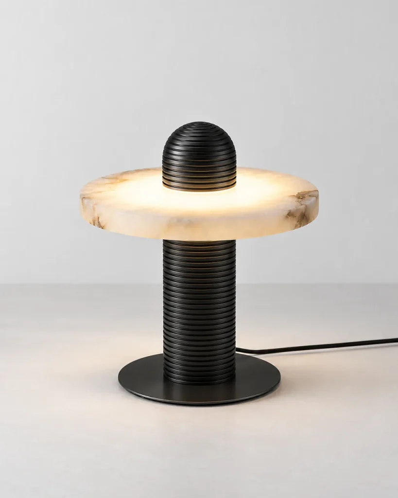 Tischlampe BESMA, Alabasterscheibe auf geriffeltem Metallfuss – Schwarz & Weiss, 23 cm, Produktfoto