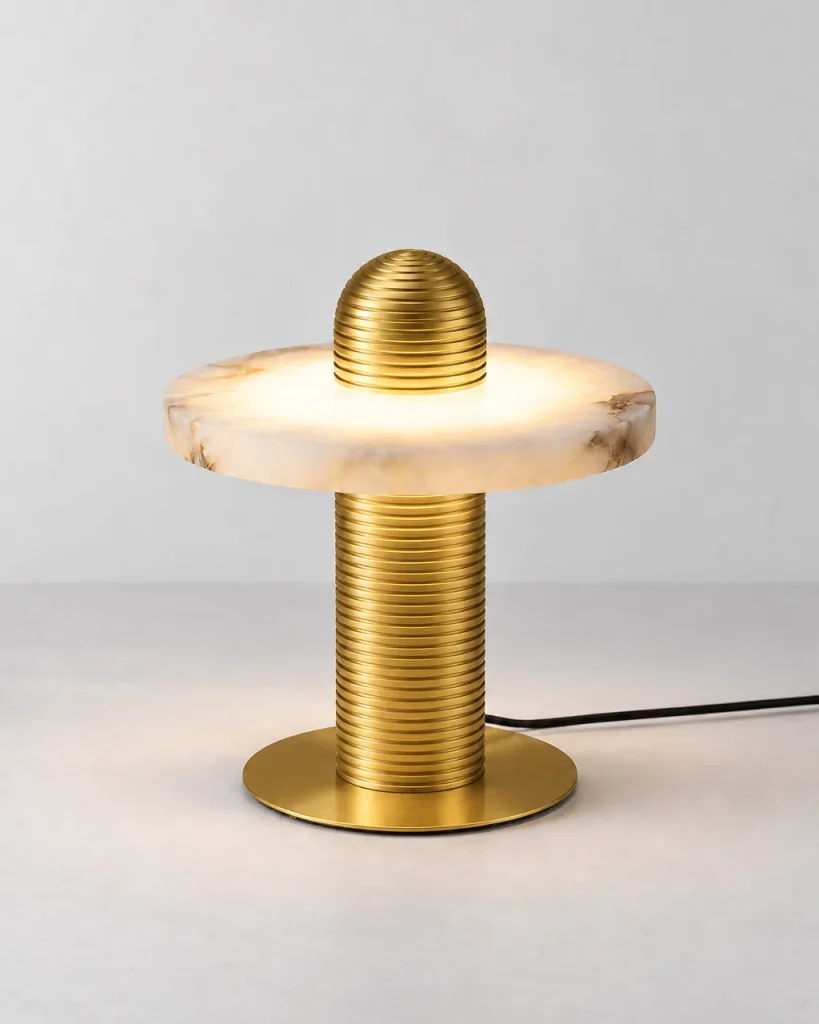 Tischlampe BESMA, Alabasterscheibe auf geriffeltem Metallfuss – Gold & Weiss, 23 cm, Produktfoto