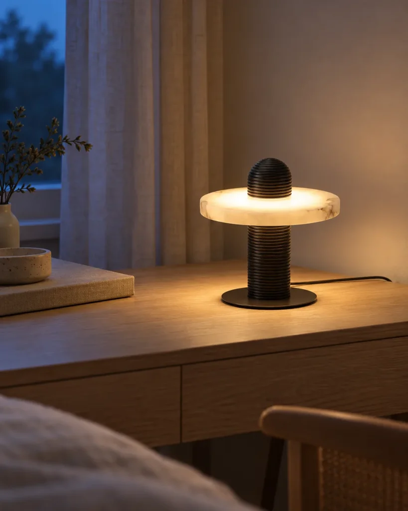 Tischlampe BESMA, Alabasterscheibe auf geriffeltem Metallfuss – auf einem Schreibtisch aus Eiche im Schlafzimmer, Abendlicht