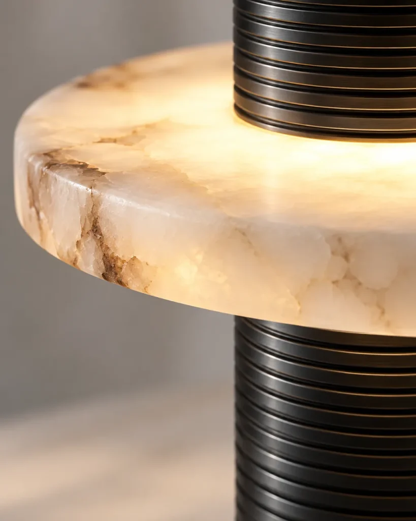 Tischlampe BESMA, Alabasterscheibe auf geriffeltem Metallfuss – Detailansicht der Alabasteradern und des geriffelten Schafts