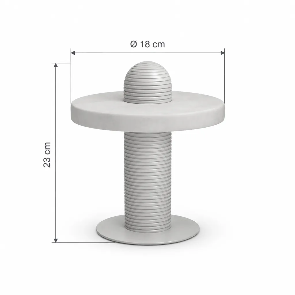 Tischlampe BESMA, Alabasterscheibe auf geriffeltem Metallfuss – Masszeichnung Ø 18 cm, Höhe 23 cm