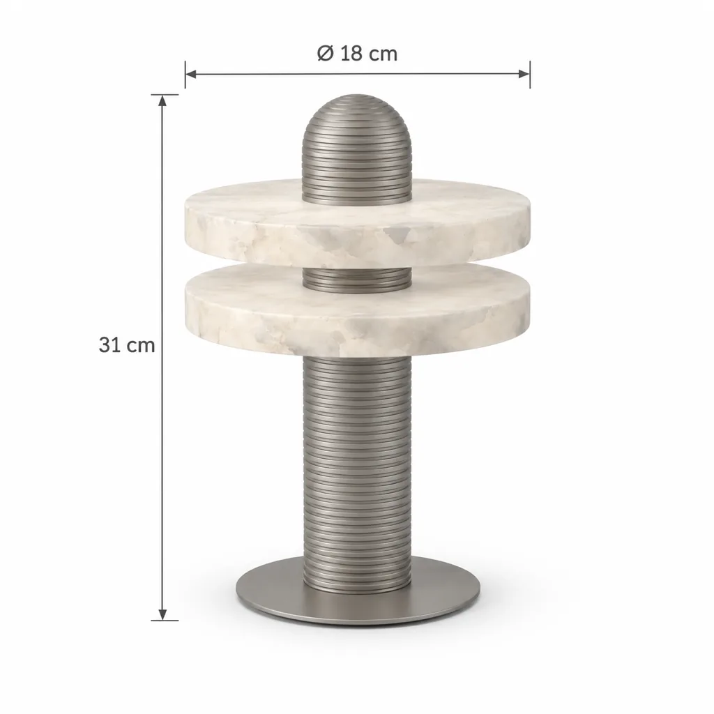 Tischlampe BESMA, Alabasterscheibe auf geriffeltem Metallfuss – Masszeichnung Ø 18 cm, Höhe 31 cm, zwei Scheiben