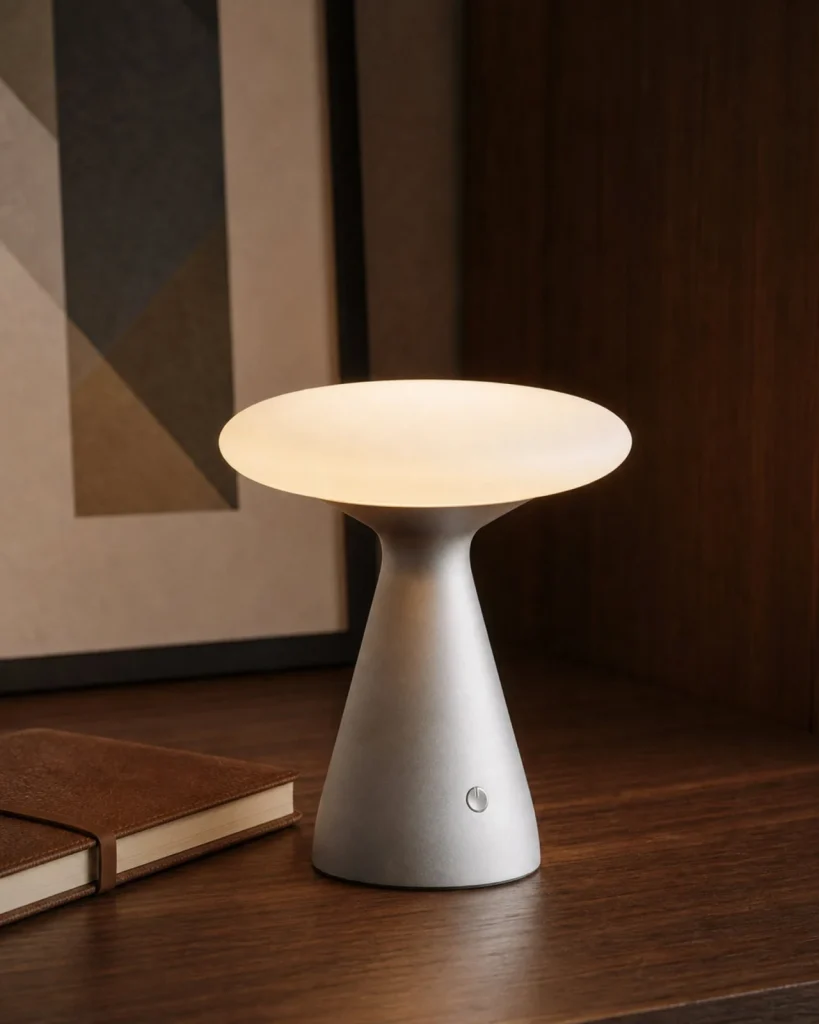 Touch-Tischlampe PRISM, Aluminium und Opalglaskuppel – Grau, an einem Arbeitsplatz