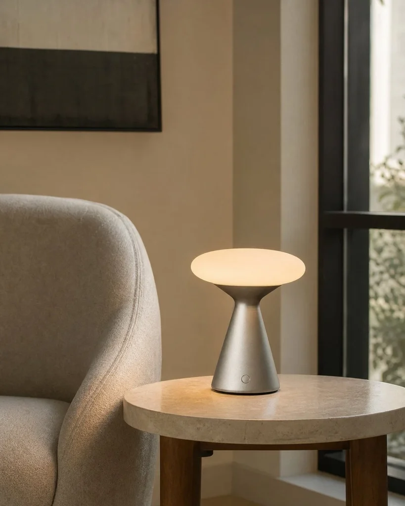 Touch-Tischlampe PRISM, Aluminium und Opalglaskuppel – Grau, Ansicht der Proportionen