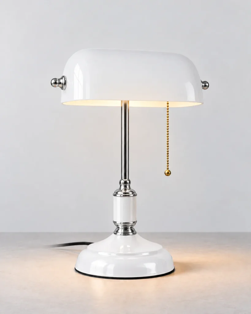 Lampada da tavolo ANTIK, lampada da banchiere con catenella – bianco-argento, foto prodotto