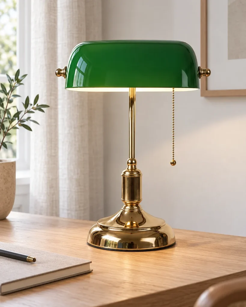 Lampada da tavolo ANTIK, lampada da banchiere con catenella – su una scrivania in rovere chiaro, luce diurna
