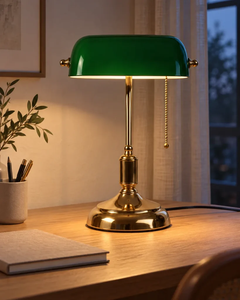 Lampada da tavolo ANTIK, lampada da banchiere con catenella – su una scrivania in rovere chiaro, luce serale