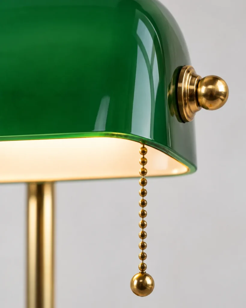 Lampada da tavolo ANTIK, lampada da banchiere con catenella – dettaglio di paralume in vetro verde, pomello e catenella