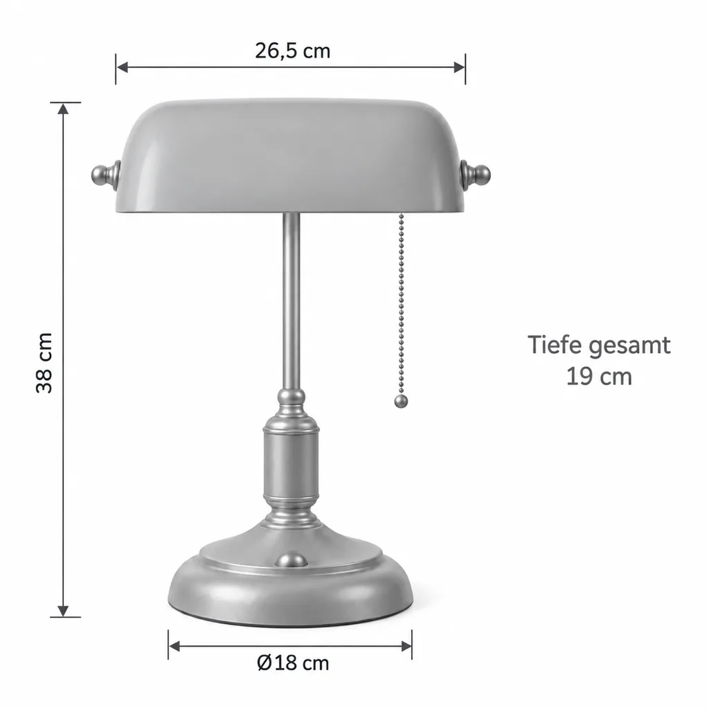Lampada da tavolo ANTIK, lampada da banchiere con catenella – disegno tecnico con misure, H 38 cm, paralume 26,5 cm, Ø 18 cm