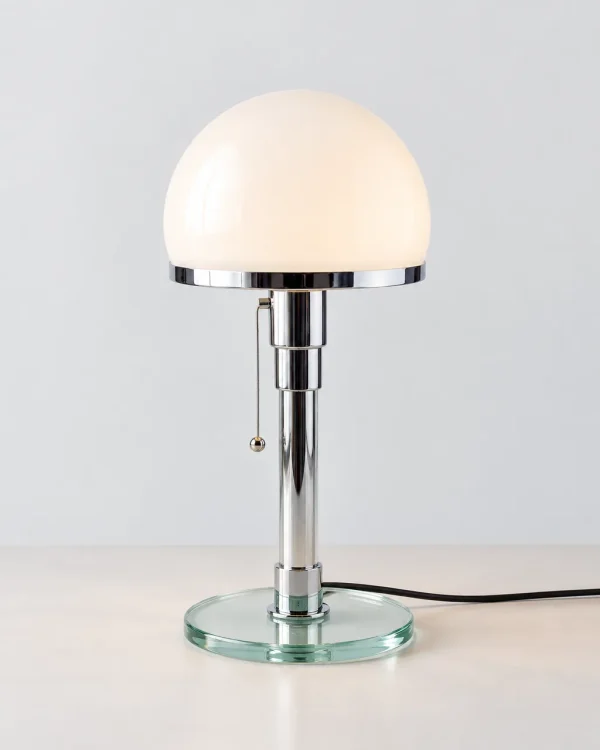 Lampada da tavolo DOLIA, stile Bauhaus in vetro opale e cromo – cromo, foto prodotto