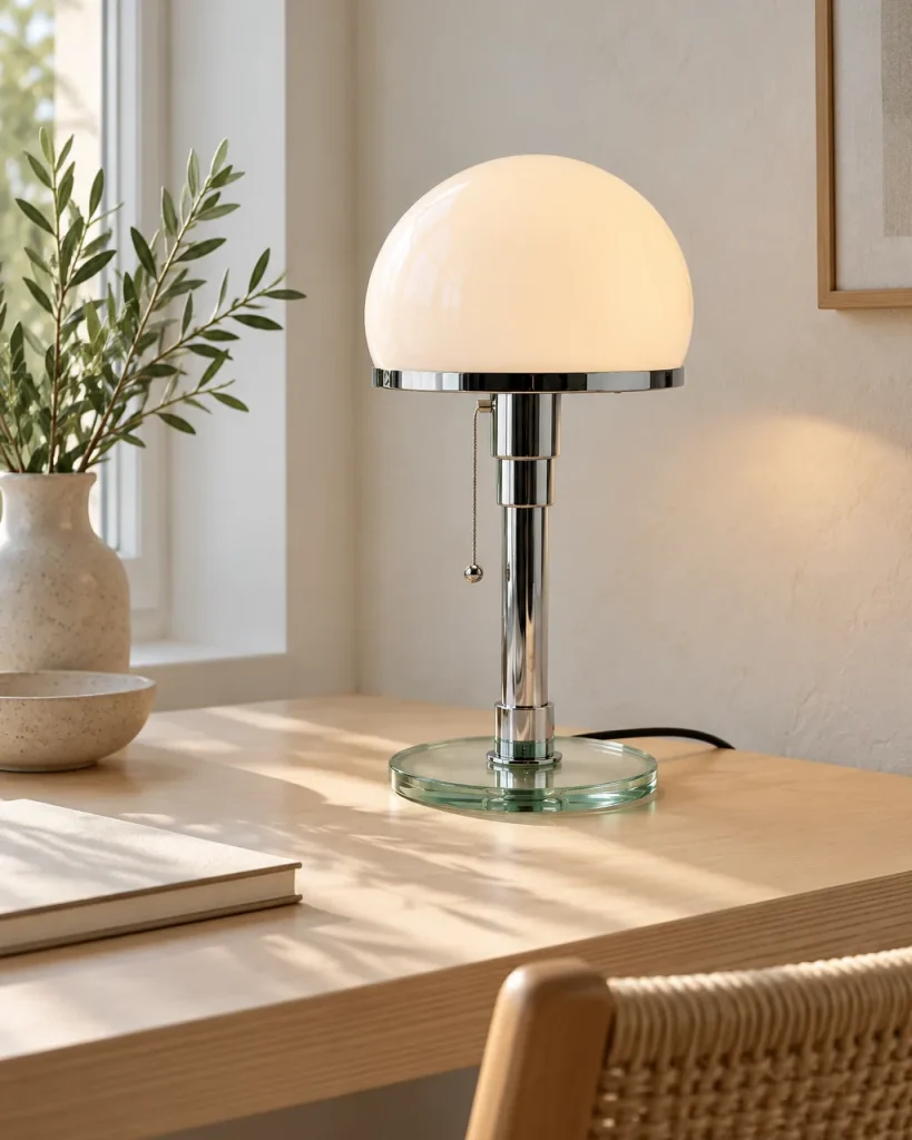 Tischlampe DOLIA, Bauhaus-Stil mit Opalglaskuppel und Chrom – auf einem Schreibtisch aus hellem Holz, Tageslicht