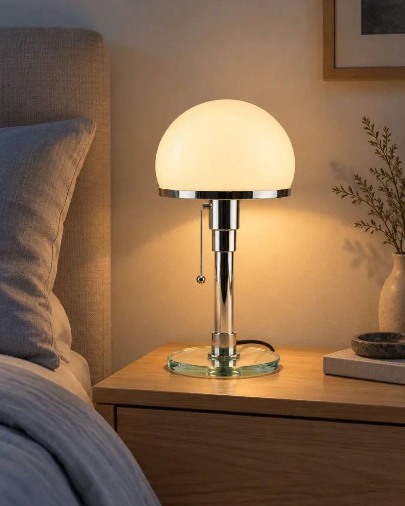 Tischlampe DOLIA, Bauhaus-Stil mit Opalglaskuppel und Chrom – auf einem Nachttisch aus hellem Holz, Abendlicht