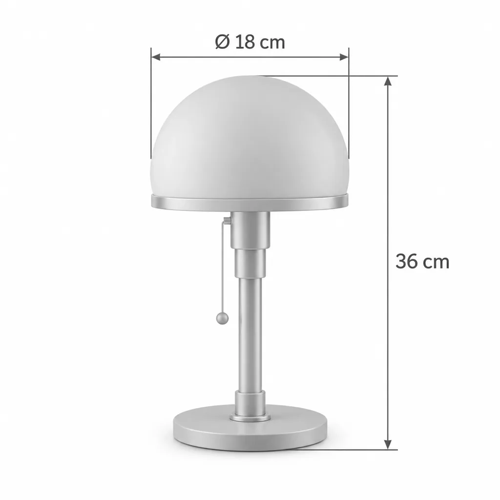 Tischlampe DOLIA, Bauhaus-Stil mit Opalglaskuppel und Chrom – Masszeichnung Höhe 36 cm, Schirm Ø 18 cm