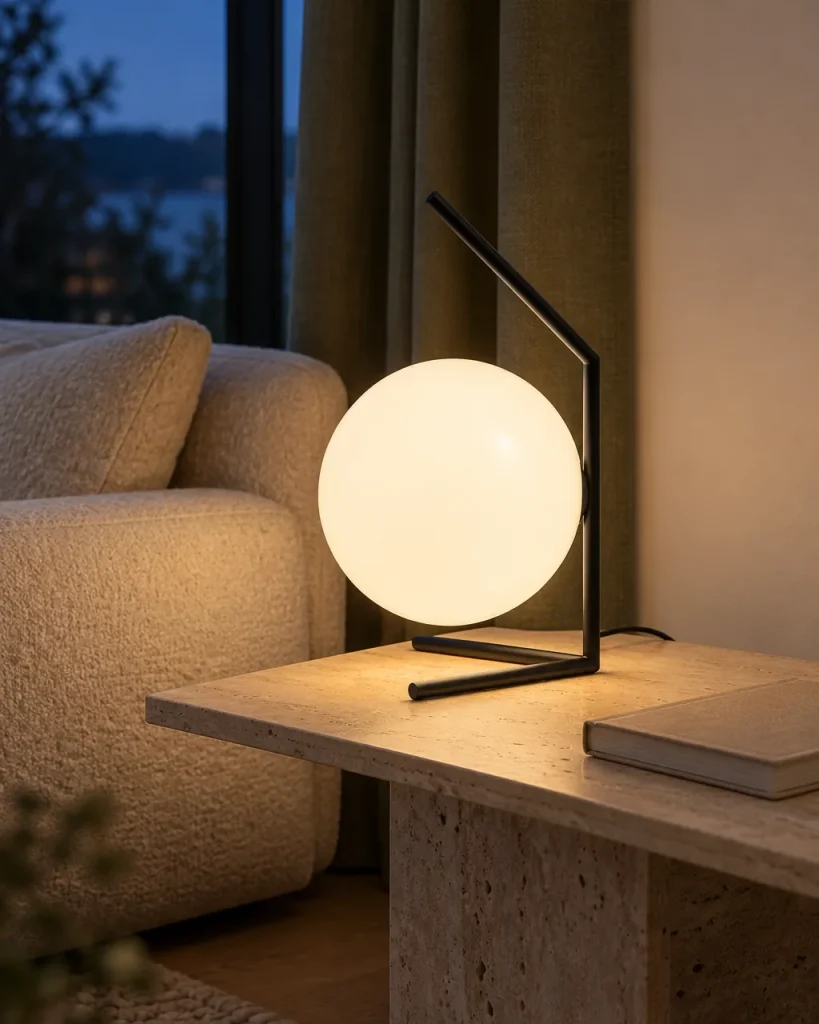 Tischlampe ENNA, Opalglaskugel an schwarzem Metallgestell – im Wohnzimmer auf einem Beistelltisch aus Travertin, Abendlicht