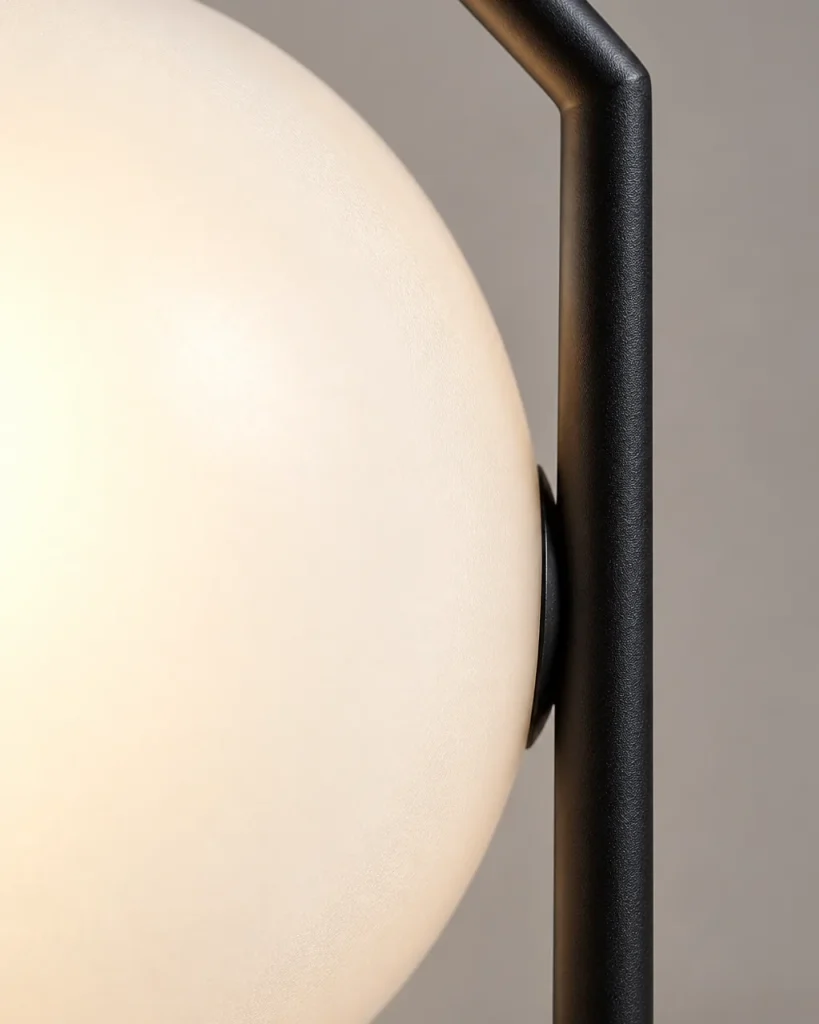 Tischlampe ENNA, Opalglaskugel an schwarzem Metallgestell – Detailansicht des Opalglases und der seitlichen Halterung aus schwarzem Metall