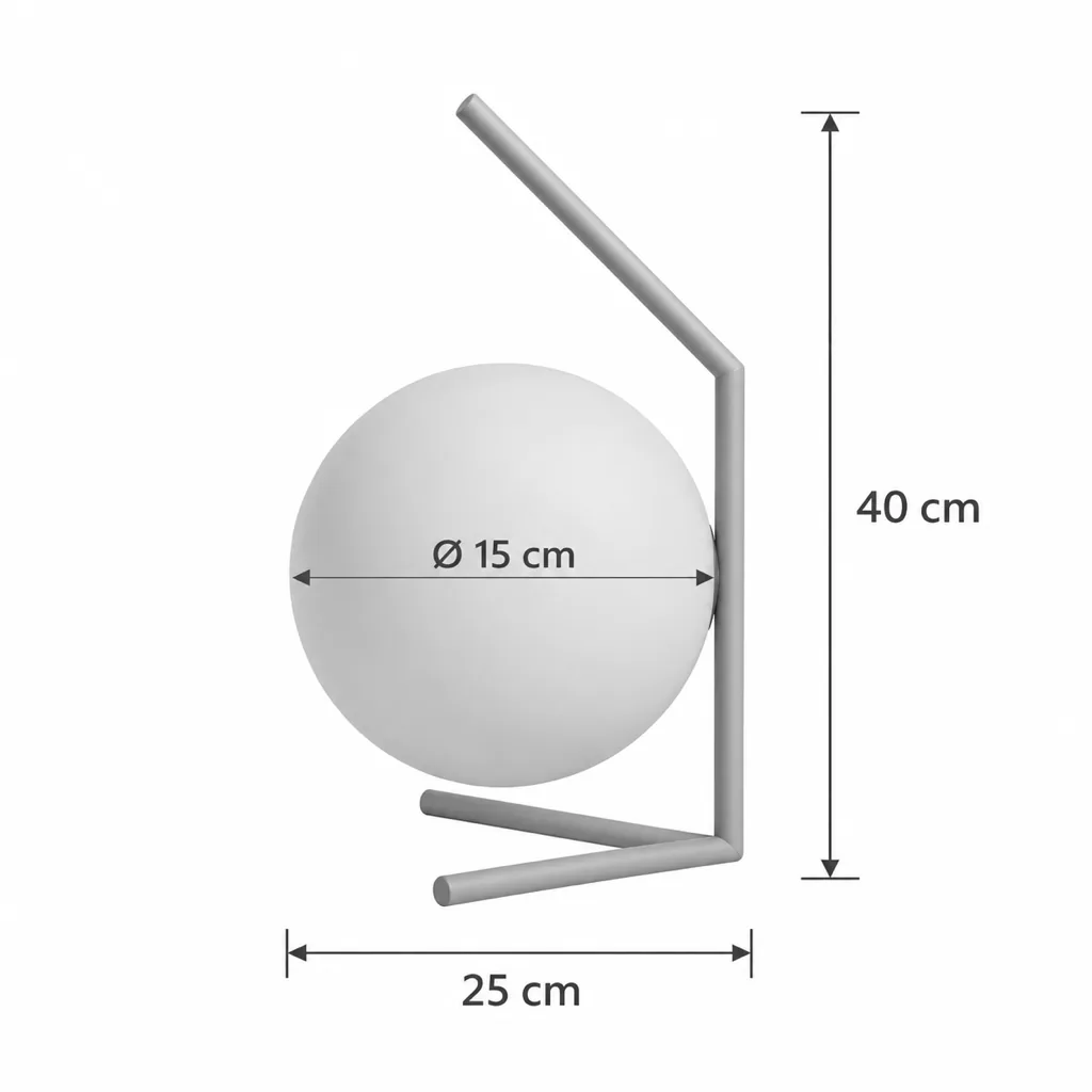 Tischlampe ENNA, Opalglaskugel an schwarzem Metallgestell – Masszeichnung Höhe 40 cm, Breite 25 cm, Kugel Ø 15 cm