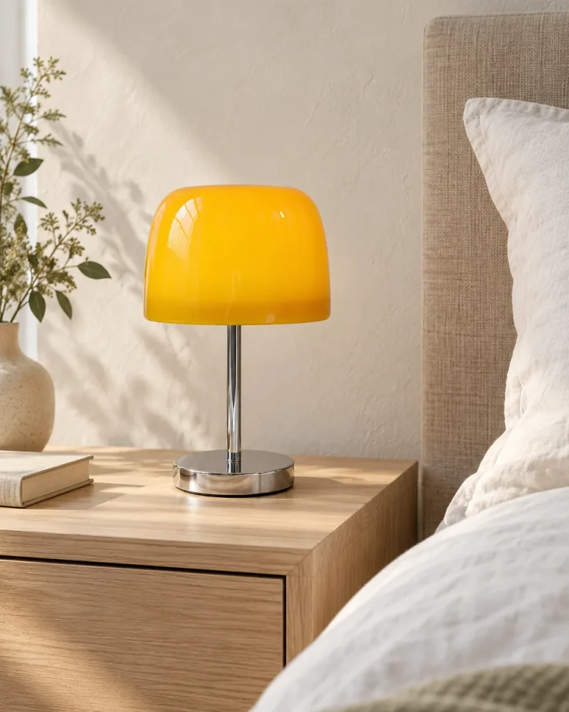 Lampada da tavolo RANGU, vetro colorato su base cromata – su un comodino in rovere chiaro, luce diurna