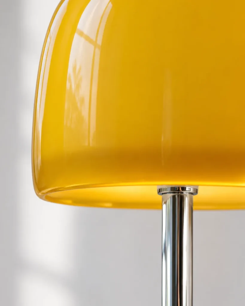 Lampada da tavolo RANGU, vetro colorato – dettaglio del paralume in vetro giallo e dello stelo cromato