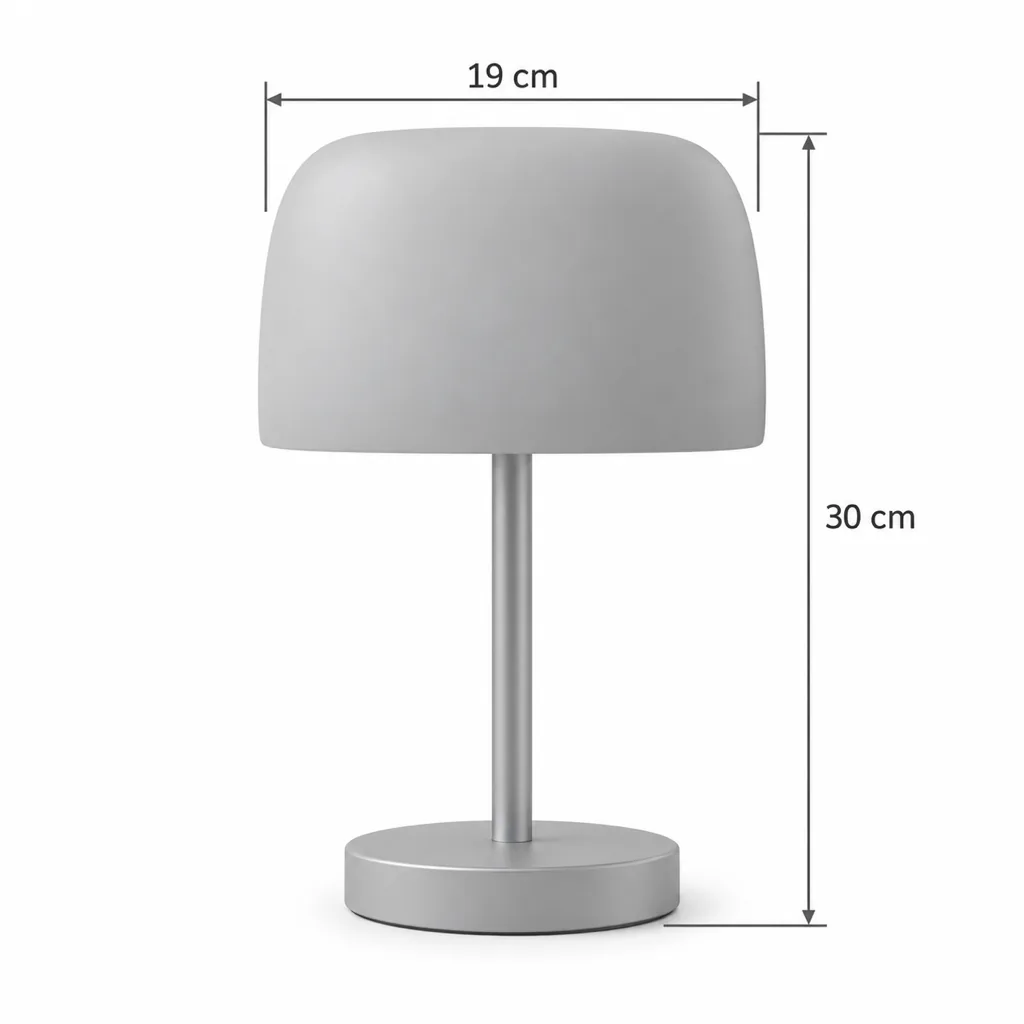 Lampada da tavolo RANGU, vetro colorato su base cromata – disegno tecnico con misure paralume 19 cm, altezza 30 cm