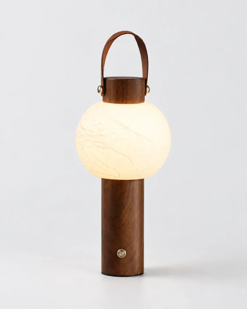 Tischlampe VENA, Leuchtkugel auf Massivholzfuss mit Tragegriff – Dunkles Holz, Produktfoto
