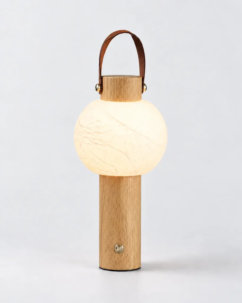 Tischlampe VENA, Leuchtkugel auf Massivholzfuss mit Tragegriff – Helles Holz, Produktfoto