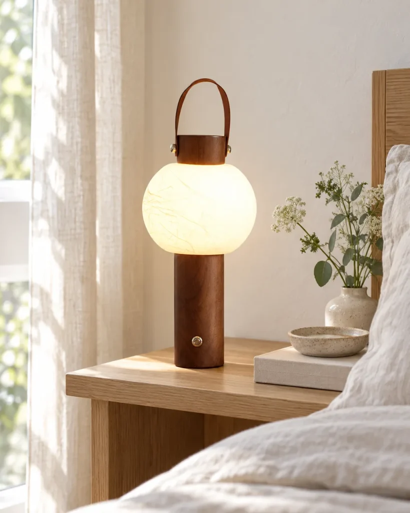 Tischlampe VENA, Leuchtkugel auf Massivholzfuss mit Tragegriff – auf einem Nachttisch aus hellem Holz im Schlafzimmer, Tageslicht