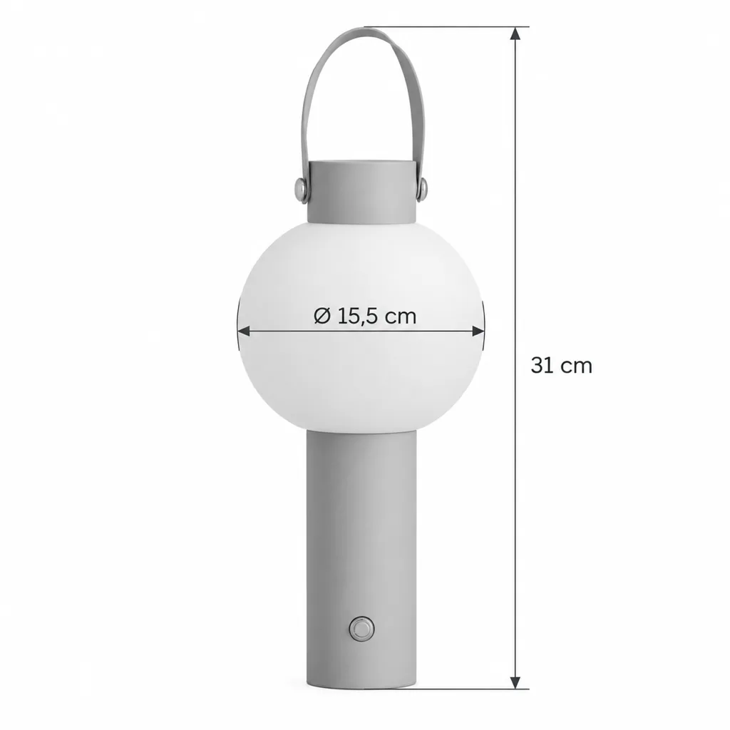 Tischlampe VENA, Leuchtkugel auf Massivholzfuss mit Tragegriff – Masszeichnung Kugel Ø 15,5 cm, Höhe 31 cm