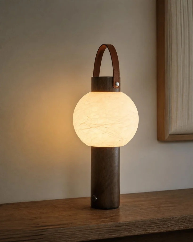 Tischlampe RUVA, Holz und Acryl mit USB-Anschluss – an einem Arbeitsplatz