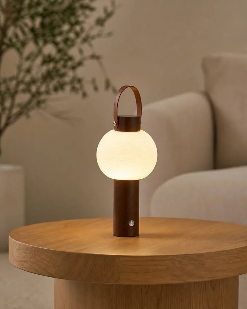 Tischlampe RUVA, Holz und Acryl mit USB-Anschluss – in einem Wohnbereich