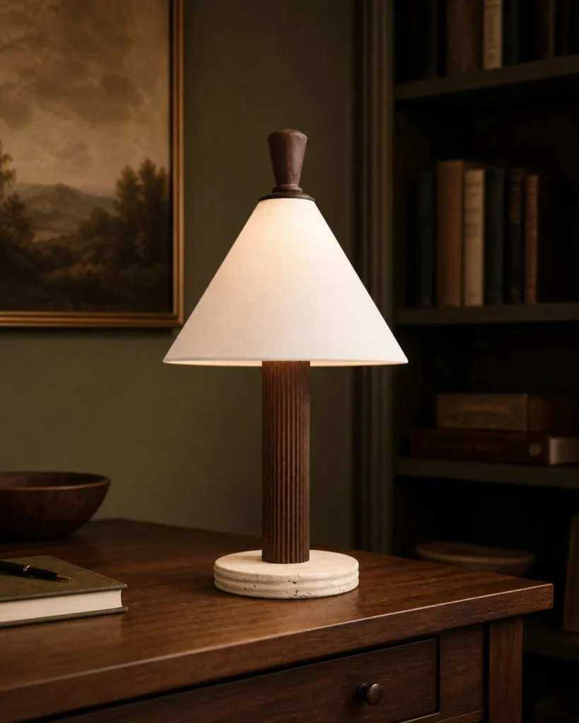 Tischlampe in geriffelter Holzoptik mit Stoffschirm TÉA – Dunkles Holz, in einer Leseecke