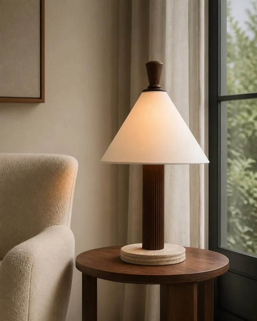 Tischlampe in geriffelter Holzoptik mit Stoffschirm TÉA – Dunkles Holz, Ansicht der Proportionen