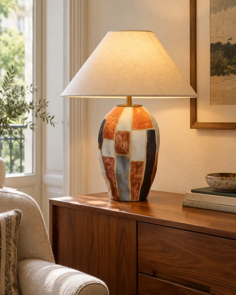 Tischlampe VALA, Bemalter Keramikfuss mit Leinenschirm – auf einem Sideboard aus Nussbaum neben dem Sessel, Tageslicht
