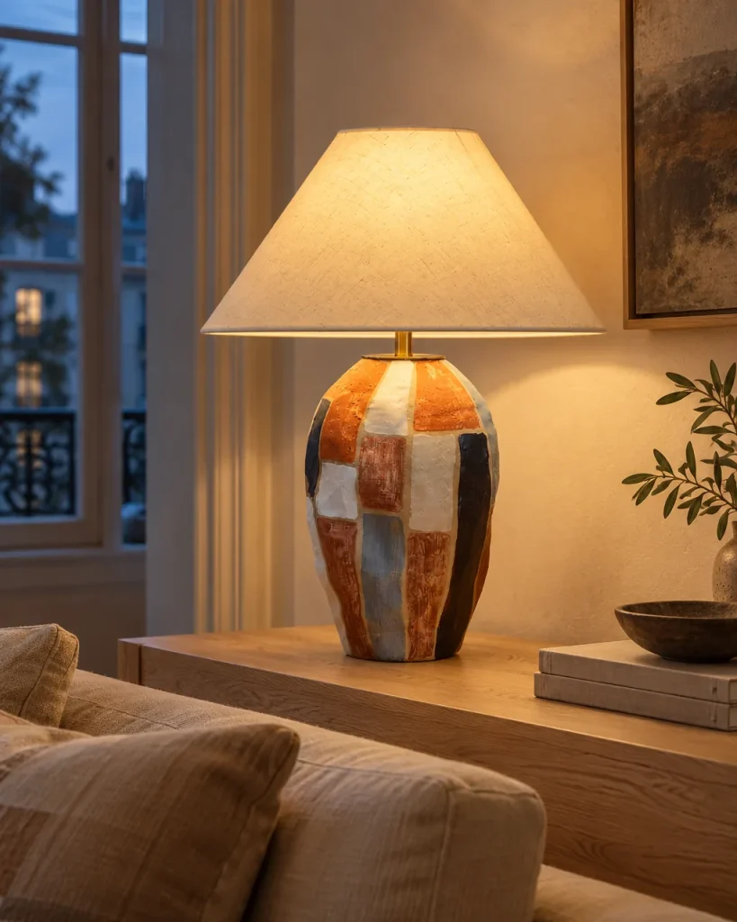 Tischlampe VALA, Bemalter Keramikfuss mit Leinenschirm – im Wohnzimmer auf einer Anrichte hinter dem Sofa, Abendlicht