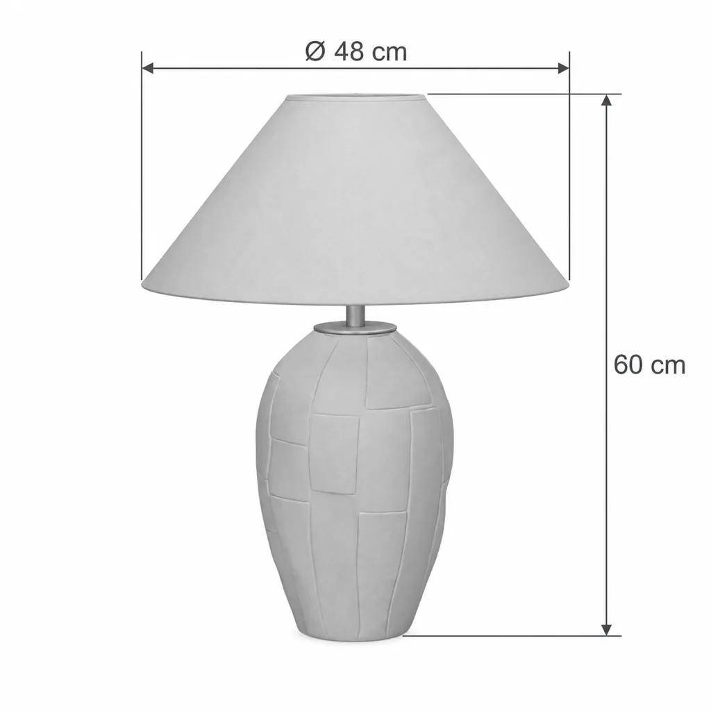 Tischlampe VALA, Bemalter Keramikfuss mit Leinenschirm – Masszeichnung Schirm Ø 48 cm, Höhe 60 cm