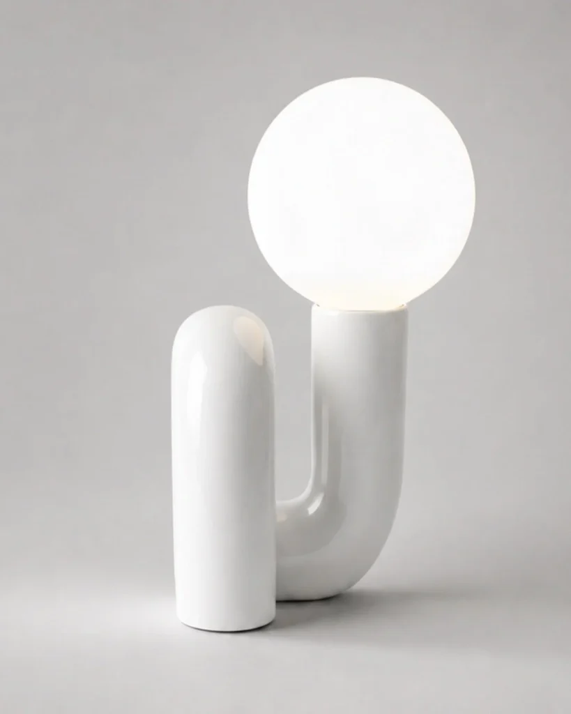 Tischlampe ARCA, skulpturaler Kunstharzfuss und Glaskugel – Weiss, Produktfoto