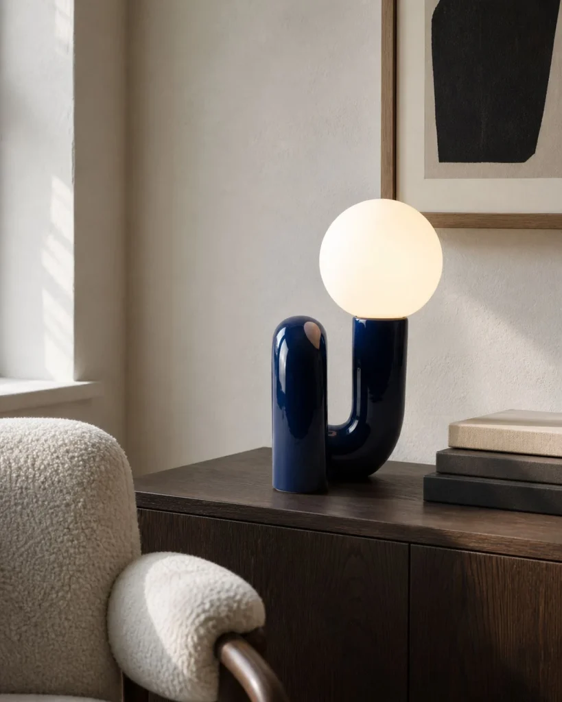Tischlampe ARCA, skulpturaler Kunstharzfuss und Glaskugel – Blau, in einer Leseecke