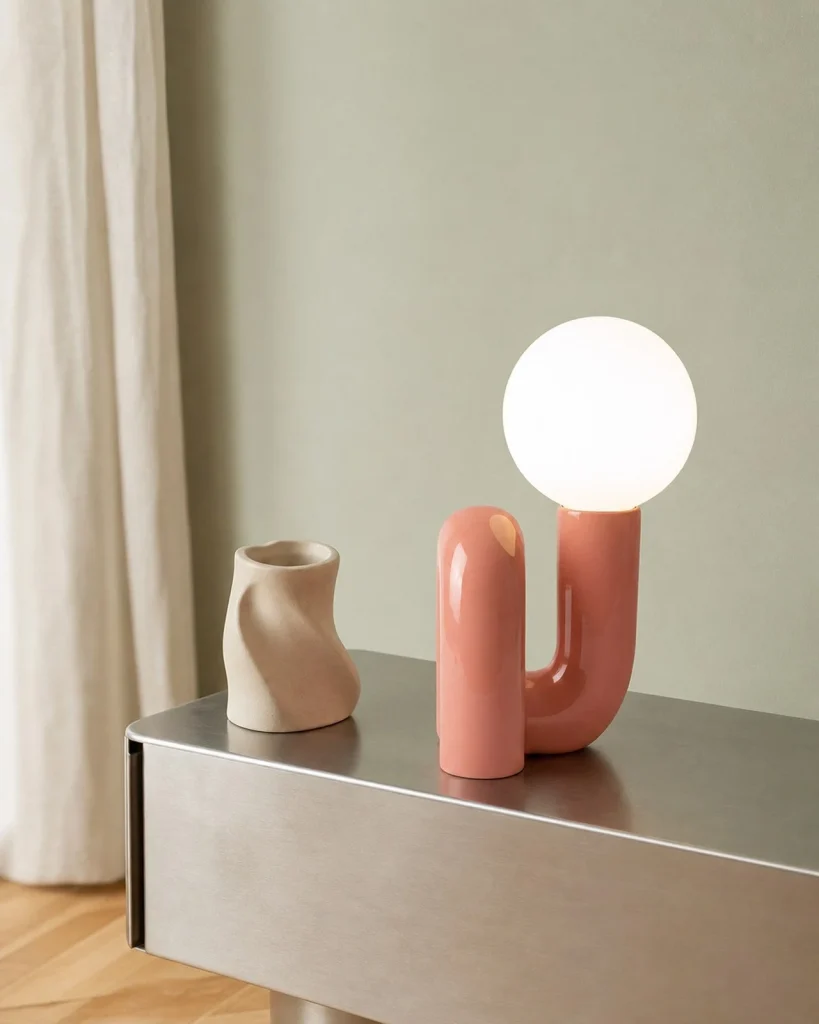 Tischlampe ARCA, skulpturaler Kunstharzfuss und Glaskugel – Rosa, auf einer Konsole