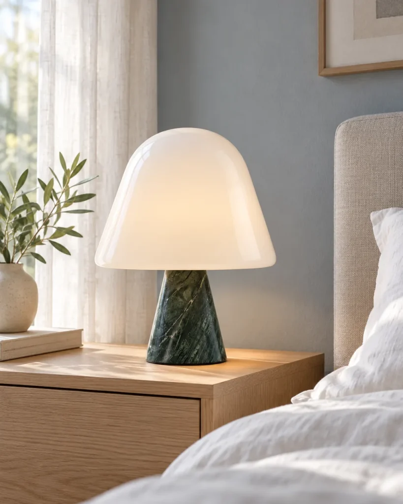 Tischlampe NOKA, Opalglaskuppel auf Marmorkegel – auf einem Nachttisch aus Eiche im Schlafzimmer, Tageslicht