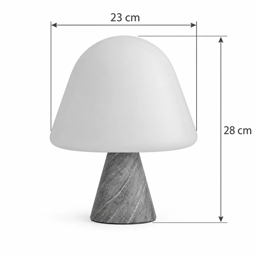 Tischlampe NOKA, Opalglaskuppel auf Marmorkegel – Masszeichnung Breite 23 cm, Höhe 28 cm