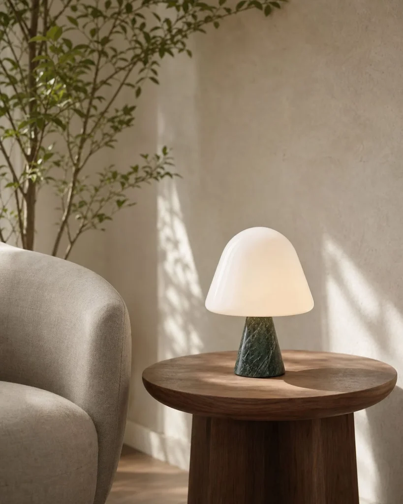 Tischlampe NOKO, Marmorfuss und Opalglaskuppel – Grüner Marmor, in einem Wohnbereich