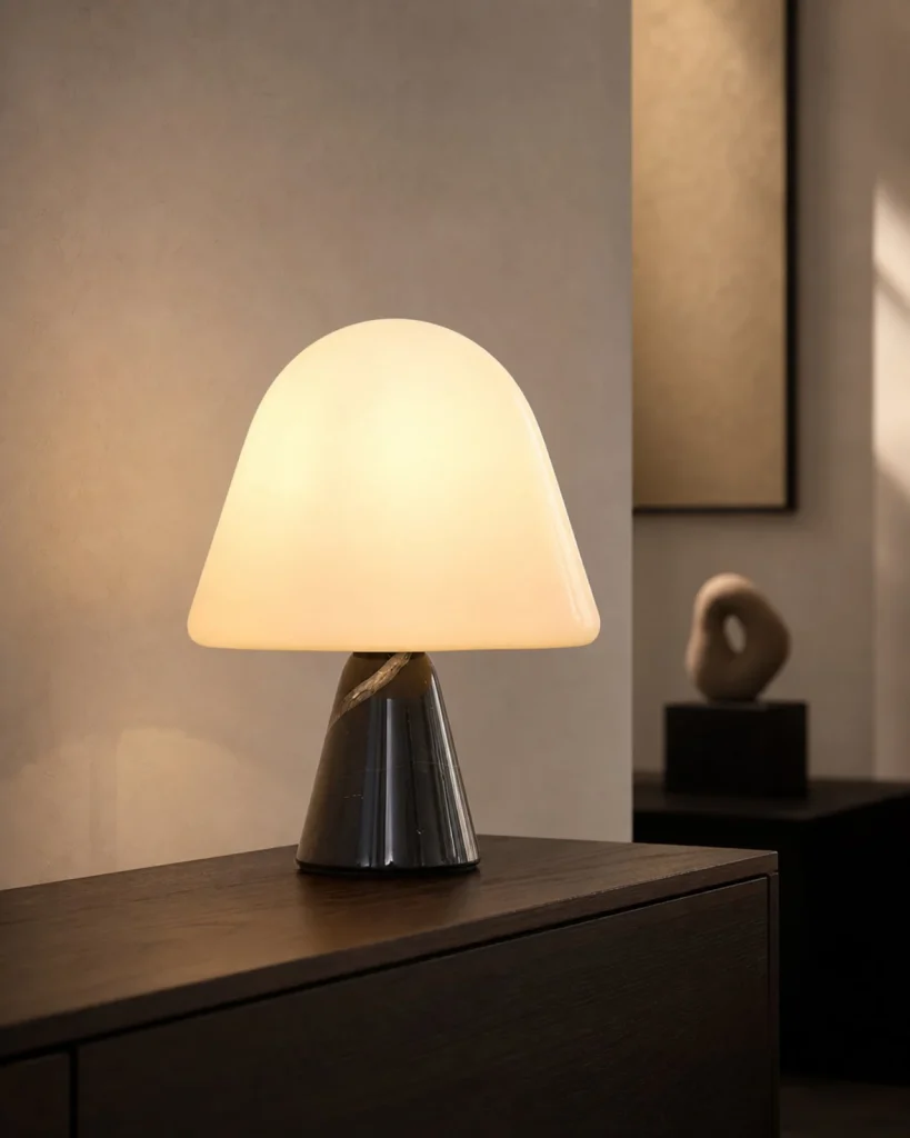 Tischlampe NOKO, Marmorfuss und Opalglaskuppel – Schwarzer Marmor, auf einer Konsole