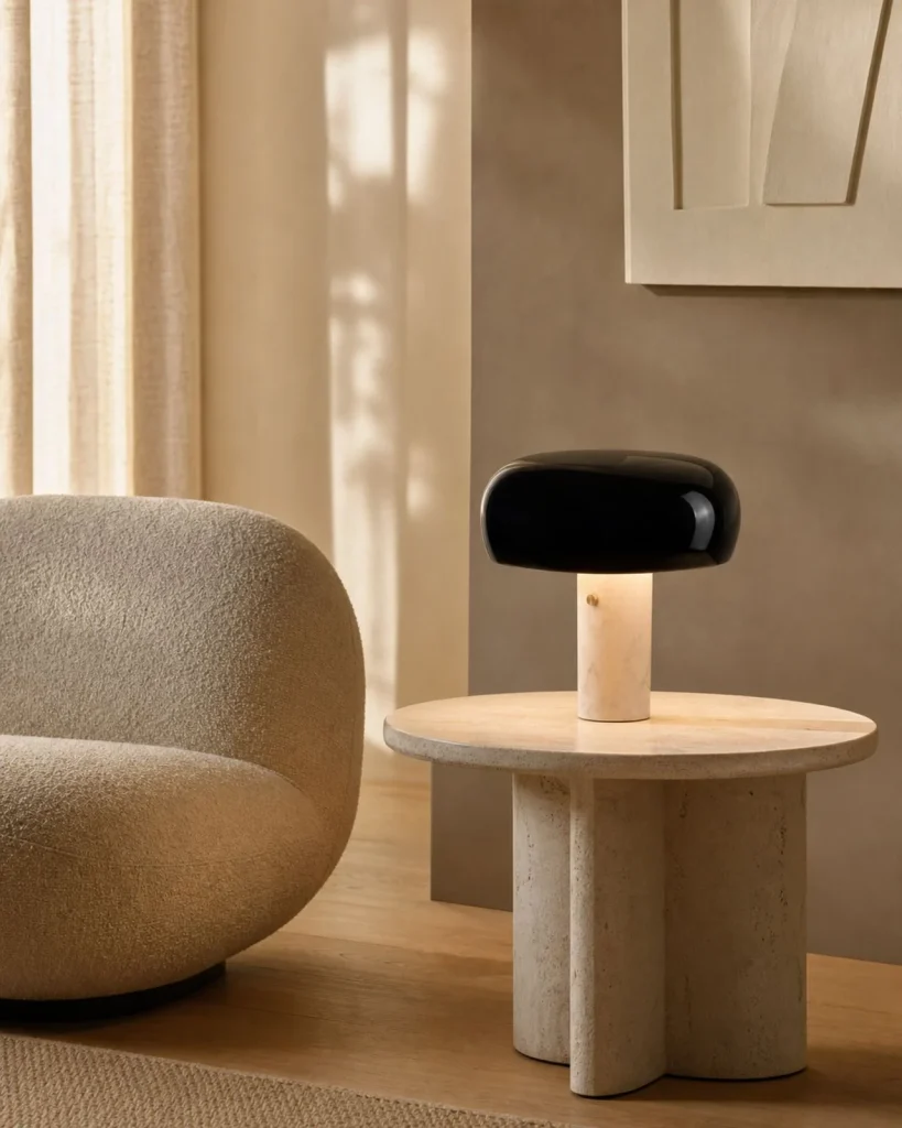 Tischlampe CAMOS, Marmor in skandinavischer Pilzform – Schwarz / Gross, in einem Wohnbereich