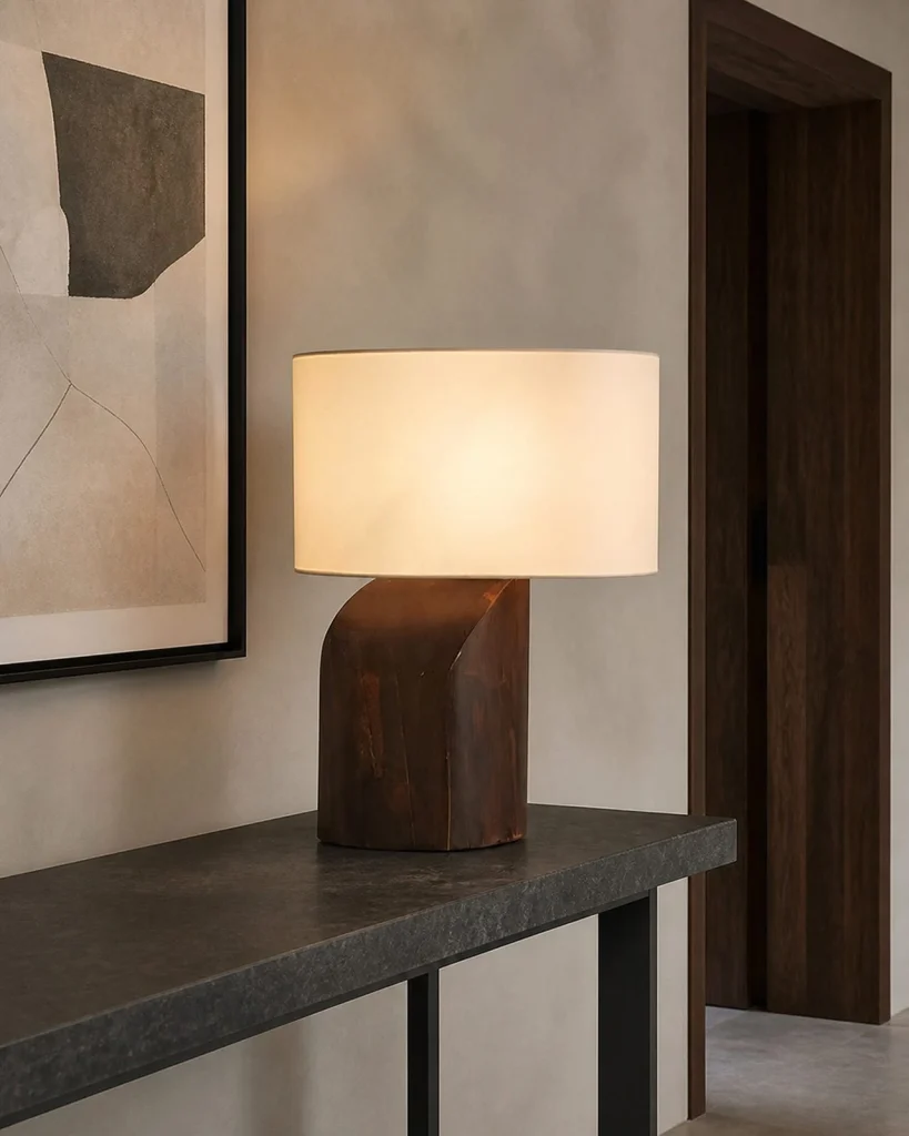 Tischlampe KALLE, skulpturales Massivholz mit Stoffschirm – Dunkles Holz, in einem Eingangsbereich