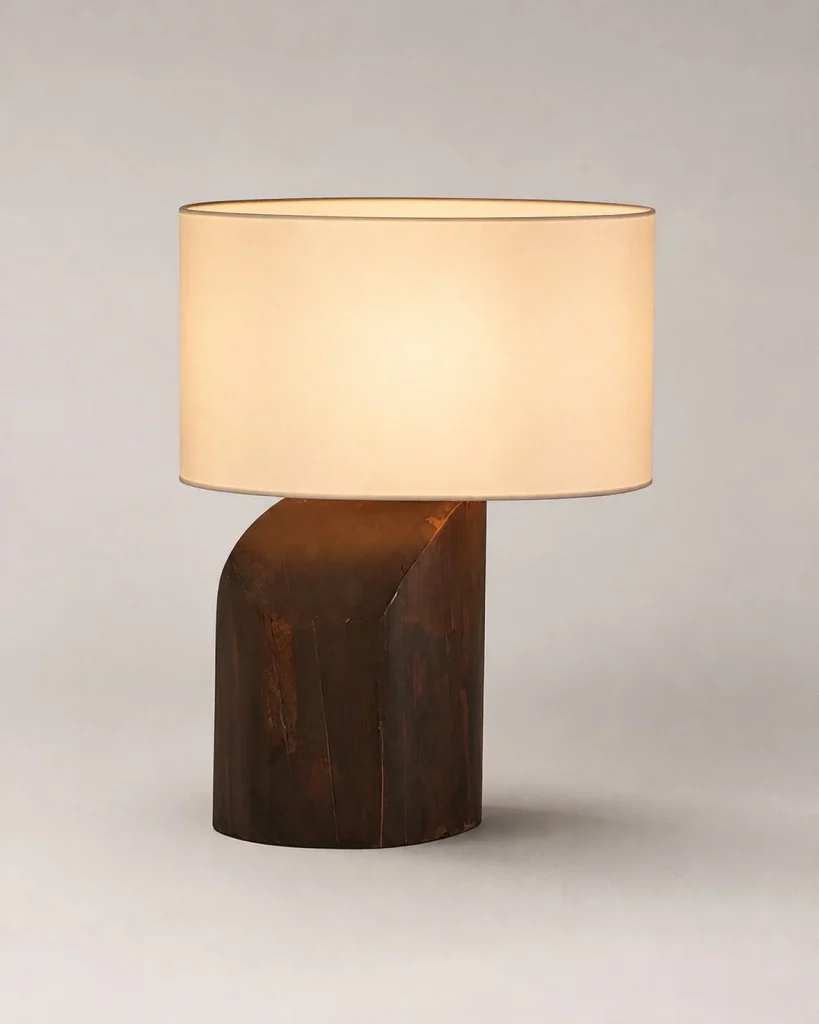 Tischlampe KALLE, skulpturales Massivholz mit Stoffschirm – Dunkles Holz, Detailansicht