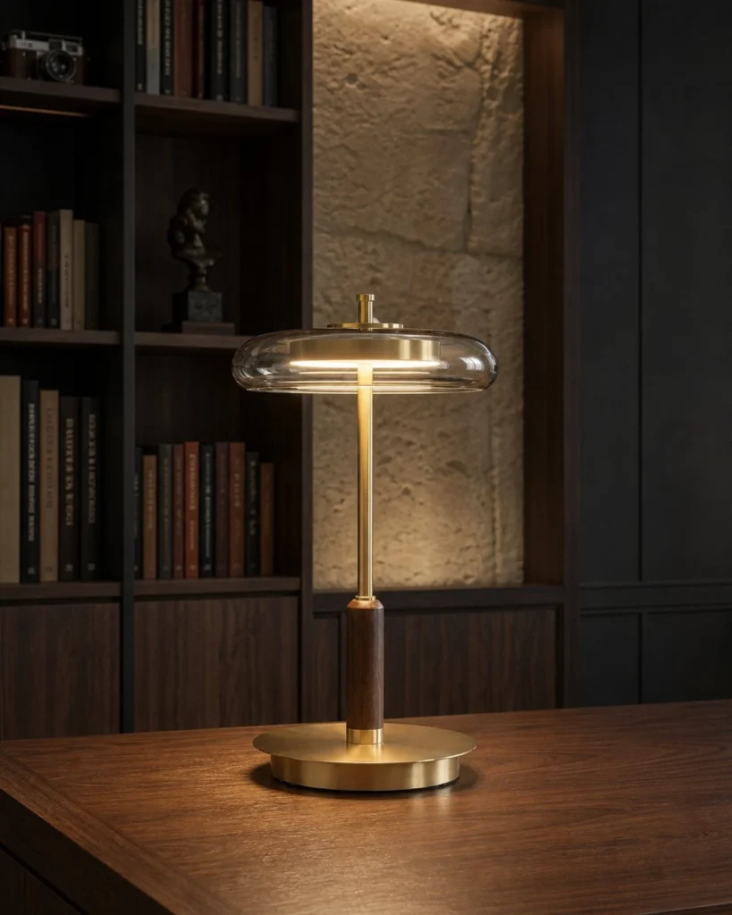 Tischlampe TOCRIS, Messing, Nussbaum und bernsteinfarbenes Glas – in einer Raumszene