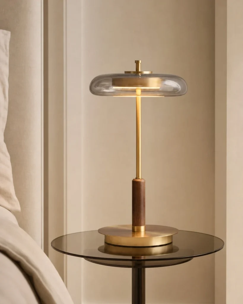 Tischlampe TOCRIS, Messing, Nussbaum und bernsteinfarbenes Glas – in einer Raumszene