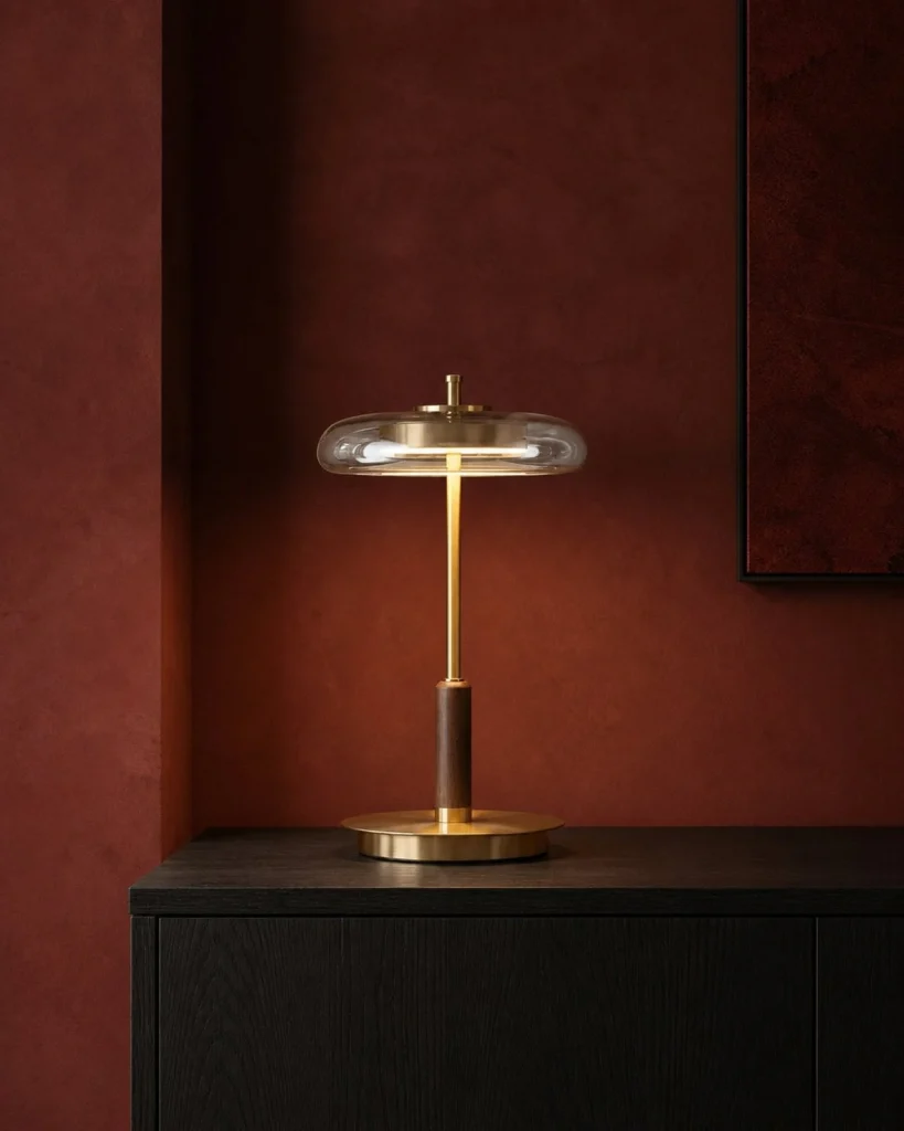 Tischlampe TOCRIS, Messing, Nussbaum und bernsteinfarbenes Glas – in einer Raumszene
