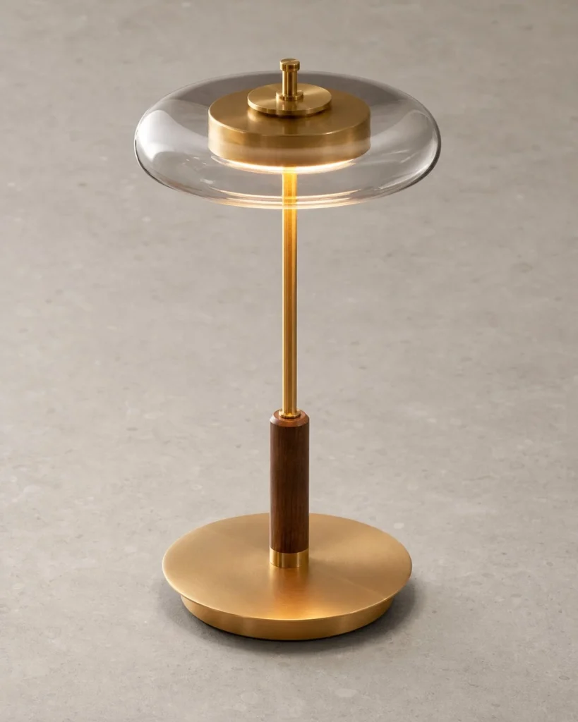 Tischlampe TOCRIS, Messing, Nussbaum und bernsteinfarbenes Glas – Detailansicht
