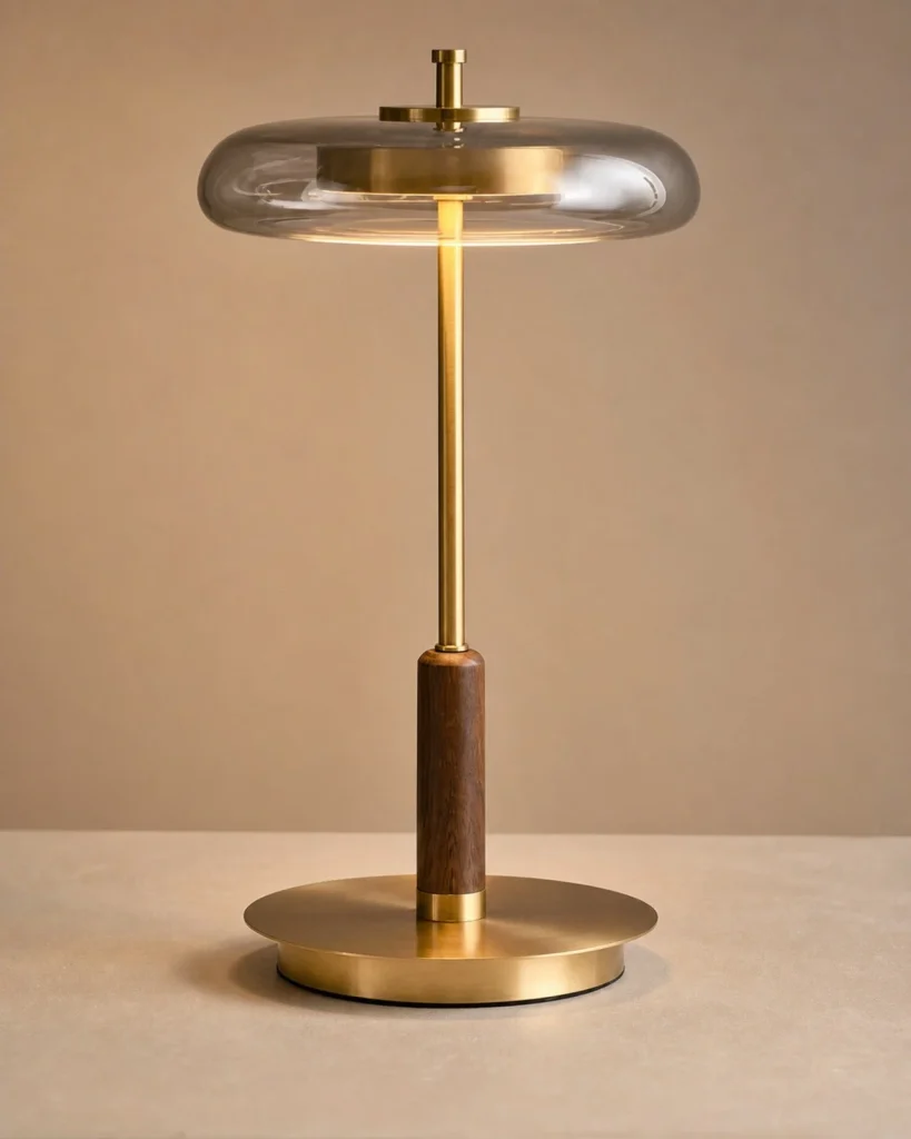 Tischlampe TOCRIS, Messing, Nussbaum und bernsteinfarbenes Glas – Detailansicht