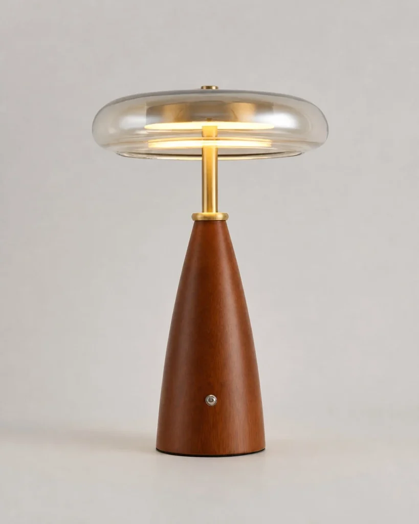 Tischlampe NALU, Nussbaum und cognacfarbenes Glas – Gross, Produktfoto